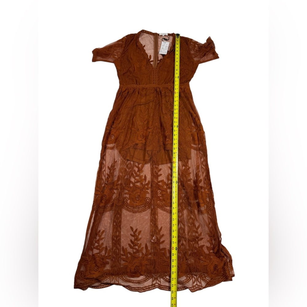 ELETÉR Sz Large Burnt Orange Lace Maxi Romper Dress Boho Floral Embroidered NEW - Picture 3 of 8